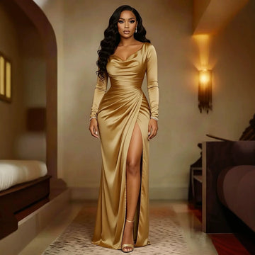 Nouvelles robes moulantes d'automne mode manches longues taille haute couleur unie satin fendu élégante robe de soirée drapée col en V