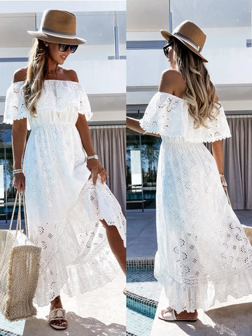 Robe longue décontractée pour femmes, style bohème, sexy, sans bretelles, épaules dénudées, en dentelle avec pompons, taille haute, grand ourlet, creuse, pour l'été