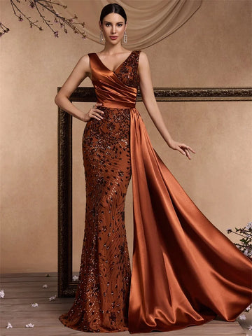 Élégante Robe de Soirée Femme Col V Bretelles Paillettes Sans Manches Sirène Formelle Luxe Mariage Fête Bal