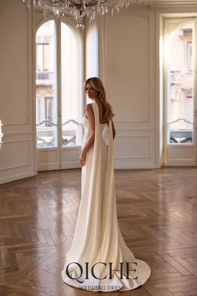 QICHE Robes de mariée en satin plissé élégant sans bretelles sirène fente latérale sexy ivoire robes de soirée traîne personnalisée