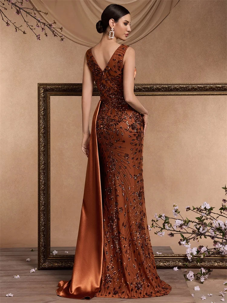 Élégante Robe de Soirée Femme Col V Bretelles Paillettes Sans Manches Sirène Formelle Luxe Mariage Fête Bal