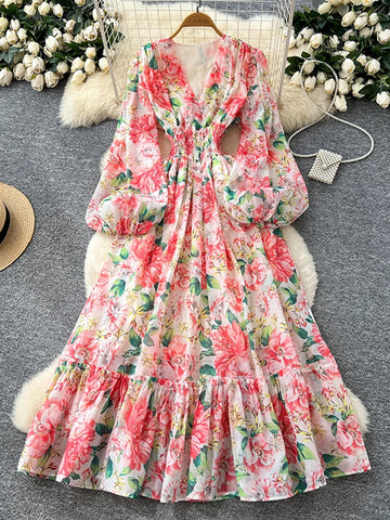Robe longue en mousseline de soie à col en V et manches lanternes, style français, printemps automne, taille élastique et ourlet à volants L8